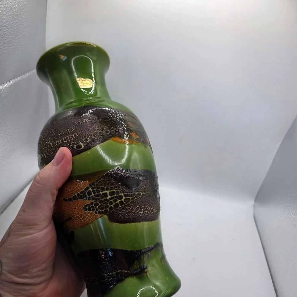Vintage Haeger Pottery Vase Green Brown Orange Textured Glaze MCM Art Pottery